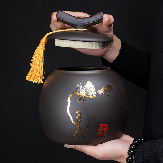 Zhengyang purple clay tea jar Pu'er tea storage jar wake-up tea jar sealed jar storage jar tea cylinder ceramic large size 500g purple clay large size (general jar) - Shede