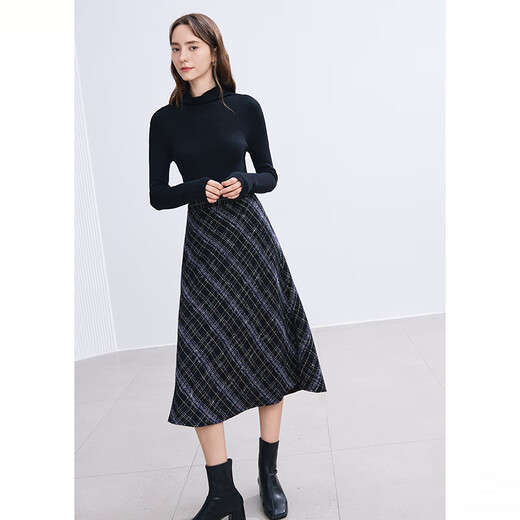 Betu women's winter new skirt high waist small fragrant style yarn-dyed plaid skirt women 2411T72 purple plaid S