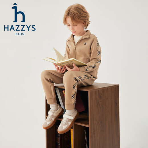 哈吉斯（HAZZYS）品牌童装男童套装秋季新款弹力舒适休闲时尚立领格纹拼接套装 藏蓝 155