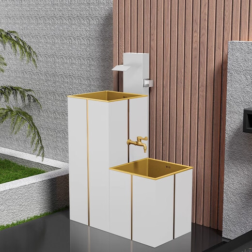 Stainless steel pedestal washbasin outdoor washbasin courtyard floor-standing pedestal basin home balcony outdoor pool Golden waterfall faucet pedestal basin (black gold)