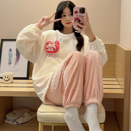 GTYUWVG睡衣冬季女款珊瑚绒加厚加绒长袖可爱宽松法兰绒家居服套装可外穿 12401# M  75-100斤