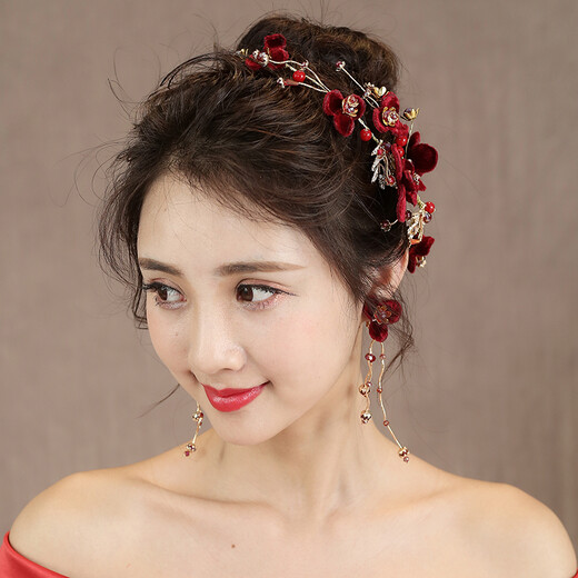Meng Junchen Bridal Tiara Korean Super Fairy Red Flower Wedding Veil Hair Accessories Toast Clothing Dress Accessories Type A Burgundy Tiara + Earrings (Ear Clip Style)
