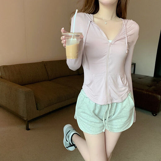
Daienwei Hooded Top for Women in Autumn Long Sleeve T-shirt Small Short Sports Sweater Casual Slim Zipper Jacket Shorts 679 Flower Gray S 75-90Jin [Jin equals 0.5 kg]