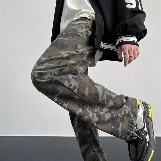 7家优品牛仔裤子春秋季款迷彩美式高街vibe工装潮牌hiphop修身微喇直筒 DFFS-671迷彩色 XL
