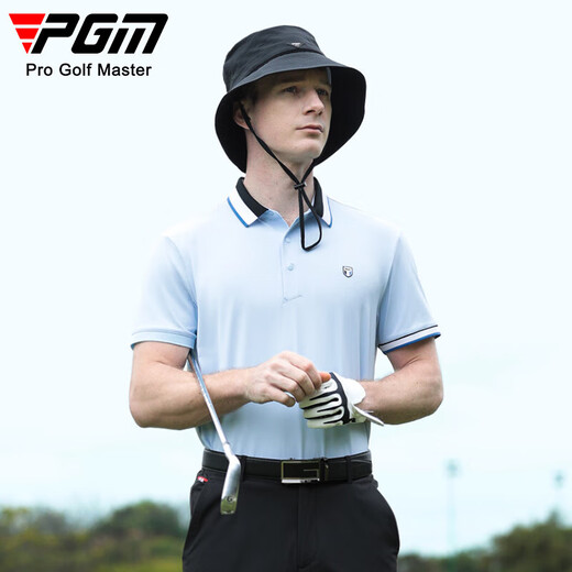 PGM高尔夫服装男士短袖夏季运动t恤弹力polo衫拼色罗纹领男装 YF684-冰晶蓝【上衣】 L