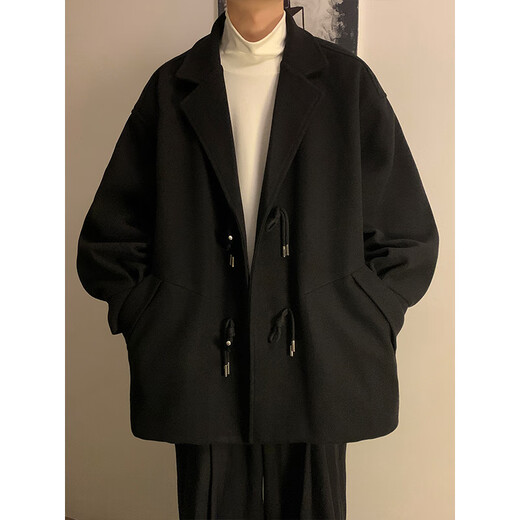 Huatian Mu Horn Button Short Woolen Coat Men's Winter Cotton Thickened Warm Suit Collar Woolen Jacket Black L Recommendation -110-125Jin Jin equals 0.5kg Can be worn