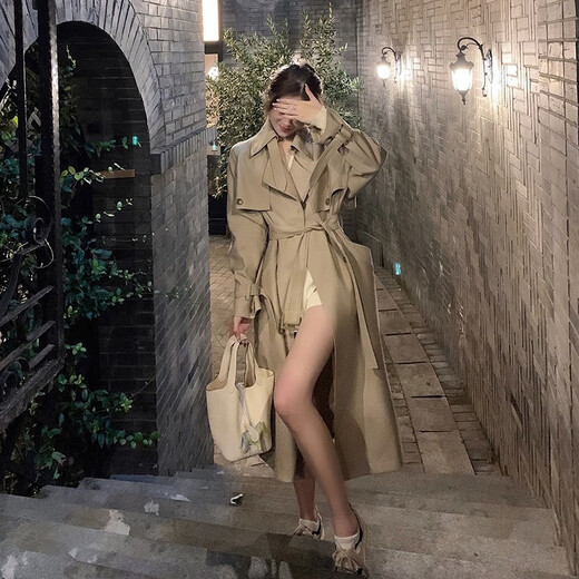 AEMAPE autumn new high-end mid-length khaki windbreaker coat for women small British style drape casual coat khaki S -95-110Jin Jin is equal to 0.5 kg.