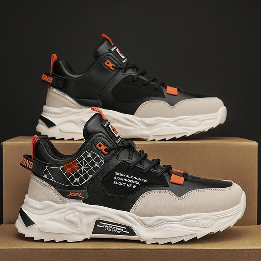Mountain Flower Creek [optional with velvet] Men's shoes, autumn and winter new cotton shoes, sports and casual running thick soles, versatile dad's trendy shoes, black orange [upgraded version]-2601 39