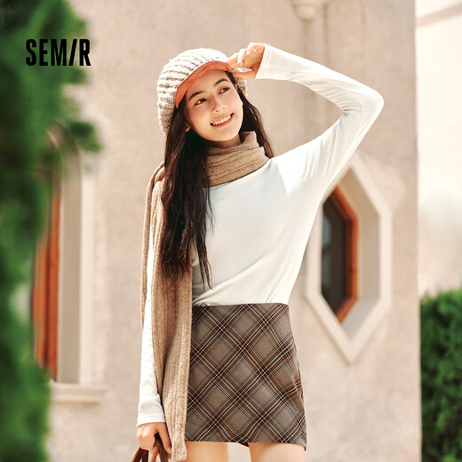 Semir long-sleeved t-shirt women's short half turtleneck thin velvet light warm bottoming shirt 2024 winter new solid color slim fit fleece inner milk white 10534 M