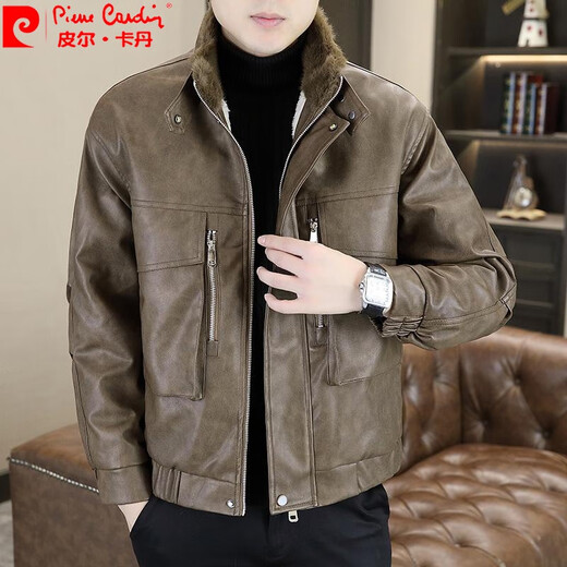 Pierre cardin winter youth leather jacket for men plus velvet thickened leather jacket handsome leather jacket fur one-piece jacket cold winter clothing Khaki 2XL (suitable for 135-150Jin [Jin equals 0.5 kg])