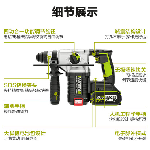 XMSJWU388 BRUTHIUM LITHIUM BATTERIE CHARGE ÉLECTRIQUE CHARGE IMPACT Drift Béton High-Our-Industrial Grade Power Tool WU3884.0 Double électrique Fast Force Bit Gift