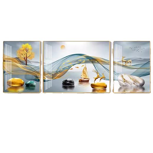 Sanqihu maßgeschneidert für leichte Luxus Wohnzimmer Dekoration Malerei Sofa Hintergrund Wandmalerei Mural Malerei Fulu Landschaft Triptycharchatchatmosphärische HJ-3893-Smooth Segel für 2-2,5 Meter Sofa 40*60 m auf beiden Seiten geeignet