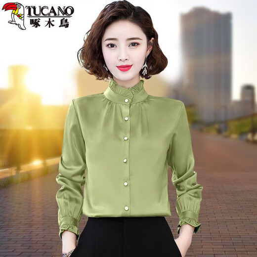 Woodpecker shirt women's shirt women's 2025 long-sleeved spring clothes new chiffon shirt top temperament versatile and fashionable base shirt fashion CZP_5012_Apricot color-40# M _(Suggested 95-105Jin[Jin equals 0.5 kg])