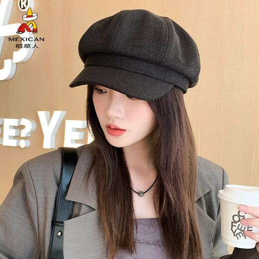 Scarecrow Hat Women's Autumn and Winter New Octagonal Hat Korean Version Versatile Simple Solid Color Japanese Fashion Trendy Peaked Hat Black 76696 One Size