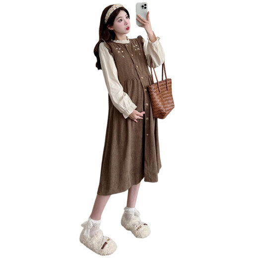 Mommy Ranqi Maternity Clothing Autumn Clothing 2025 New Dress Fashionable and Fashionable Belly Covering Maternity Autumn and Winter Skirt Two-piece Suit Khaki Suit L
