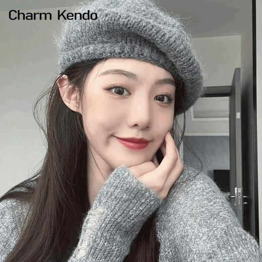 Charm Kendo Hat Women's Autumn and Winter New Versatile Big Head Circumference Woolen Beret to Keep Cold and Warm, Show Face Small Woolen Hat Light Gray