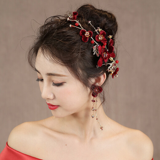 Meng Junchen Bridal Tiara Korean Super Fairy Red Flower Wedding Veil Hair Accessories Toast Clothing Dress Accessories Type A Burgundy Tiara + Earrings (Ear Clip Style)