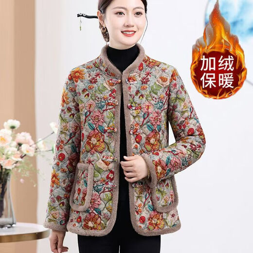 Elderly women's cotton-padded jackets, velvet shirt collar jackets for middle-aged and elderly women, autumn and winter short cotton-padded jackets, corduroy light khaki floral 4XL 130-146Jin Jin is equal to 0.5 kg within