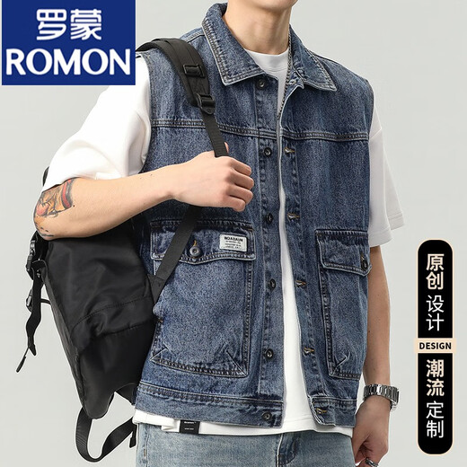 Romon 2024 Denim Weste Männer Ärmelne Weste Jacke Herren Spring- und Herbst Trendy Lose vielseitige Arbeit Jacke 9215 Blau + 9215 Schwarz 2xl