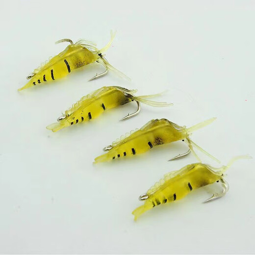 Glow-in-the-dark simulated soft bait with hook, soft shrimp, soft worm lure, fake bait, bionic fish bait, cocked mouth, white striped bass 4cm, fake shrimp, small grass shrimp, 4 pack - 1 of each color