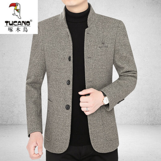 Woodpecker (TUCANO) high-end men's woolen jacket for men 2023 autumn and winter new stand-up collar thickened woolen coat dad wear black gray cotton style XL 180 suitable for 140-155Jin Jin equals 0.5 kg