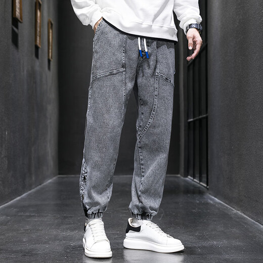 Number one youth jeans men spring and summer retro loose work pants trendy large size men's casual pants men gray XL