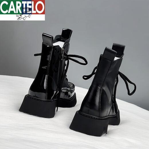 卡帝乐鳄鱼（CARTELO）真皮欧货马丁靴女款2024新款秋英伦风ins潮亮皮厚底短靴 黑亮(加绒款) 38