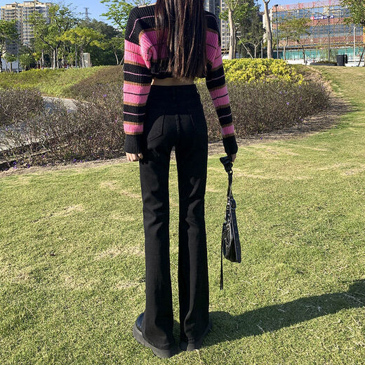 Idiom black micro-flare jeans for women in spring and summer plus velvet thickened ins style to cover flesh and slim and slim versatile horseshoe pants black - regular M 95-1105Jin [Jin equals 0.5 kg]