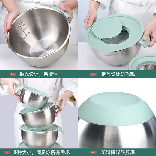 KALAIEN food-grade stainless steel egg-beating basin with lid, baking special cooking basin, home kitchen and basin deepening and thickening basin, upgraded 20cm, with mother-in-law cover + with handle