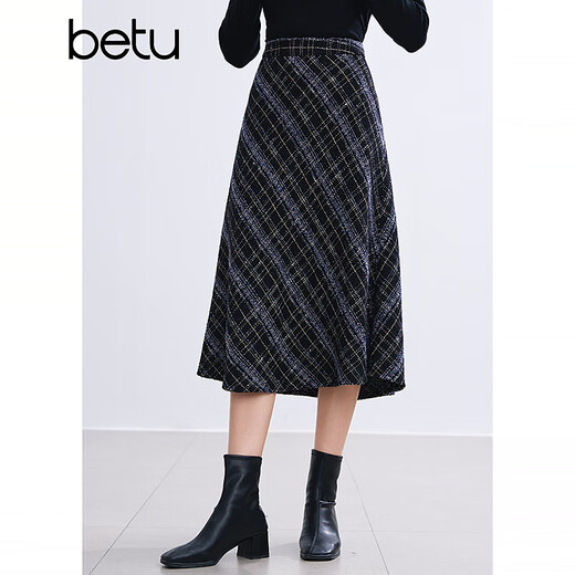 Betu women's winter new skirt high waist small fragrant style yarn-dyed plaid skirt women 2411T72 purple plaid S