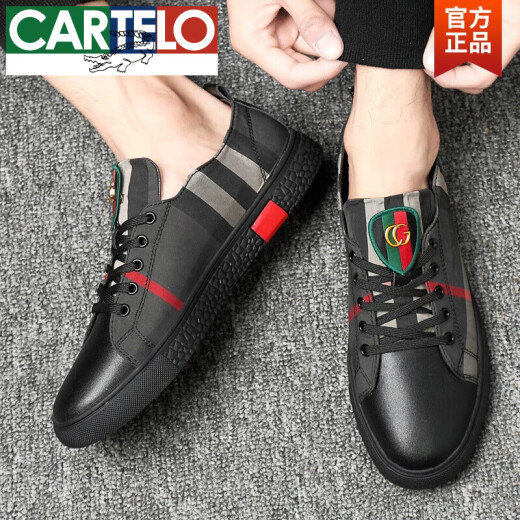CARTELO autumn breathable leather shoes plaid shoes European station trendy shoes Korean version canvas shoes small size fashion casual shoes men's shoes 11968 black 40
