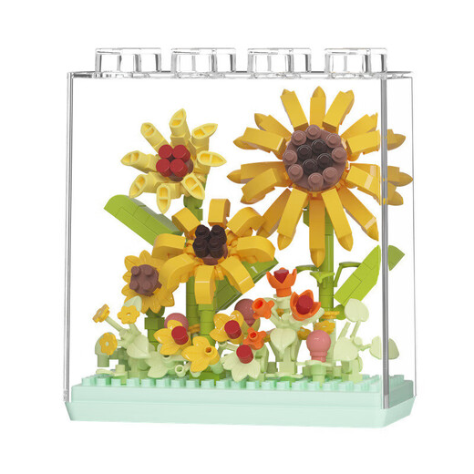 LEGO -Kompatible Qimeng Blumenbox mit unsterblichen Bausteinen Bouquet von Sonnenblumen und Nelken Kinder versammelten Spielzeug -Mädchen. Big Painting Exhibition-Xingmeng River mit Holzstand 757pcs