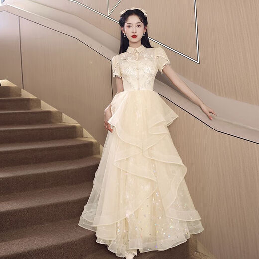 Hanyu high school student adult dress female 18 years old high-end dinner party niche art test performance high-end host dress 033 champagne M