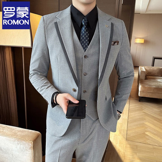 ROMON high-end suit men's autumn new suit men's business professional formal wear groom's wedding best man's dress medium gray (suit + pants) free tie 2XL