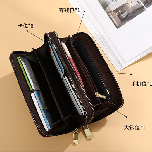 万佳臻双拉链钱包女长款卡包潮百搭手拿包轻巧钱票夹简约手包送女友礼物 【深咖色】