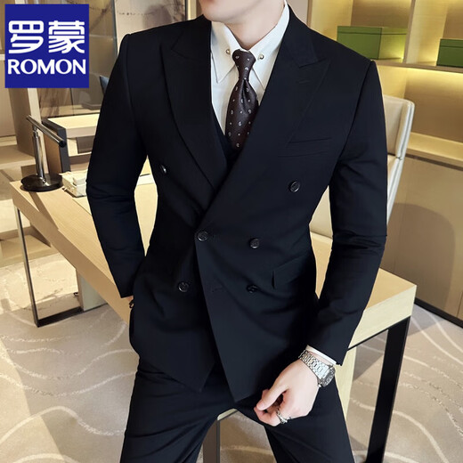 ROMON high-end customized suit men's British style double-breasted business casual suit large size three-piece formal wedding suit 338 black double-breasted single-piece suit 3XL (155-170Jin Jin equals 0.5 kg)