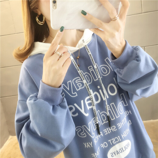 Langyue women's autumn hooded sweatshirt for female students Korean style loose ins thin coat long-sleeved casual top LWWY201185 blue M