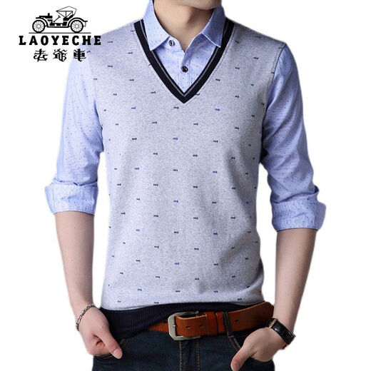 老爷车（LAOYECHE）高档男士T恤领假两件长 袖青年打底衫韩版修身针织时尚潮流男款 3878蓝色 L 170