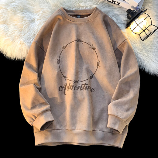 Dingfengbaoluo suede sweatshirt long-sleeved men's American vibe spring trend printed bottoming shirt loose DFL01 coffee 2XL