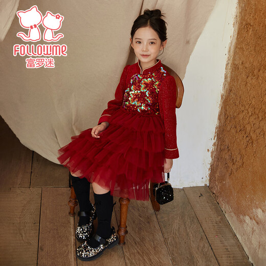 Fuluomi girls' new Chinese style winter velvet warm children's Chinese style New Year's greeting dress red 130cm