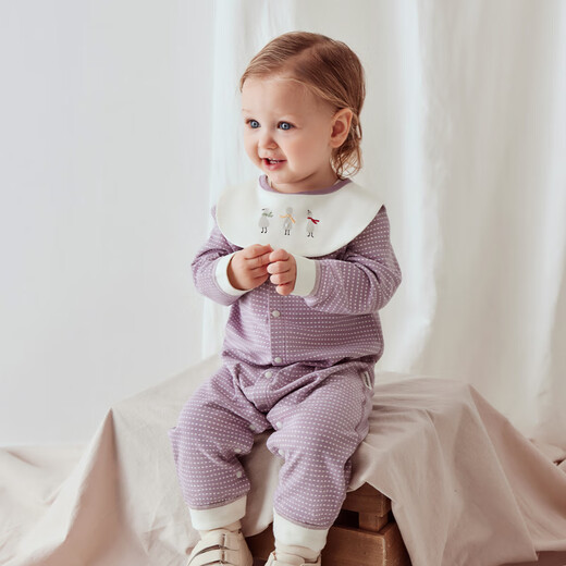 Babylove Clearance Spun Soft Weaving Soft Baby Jumpsuit Pure Cotton Spring and Autumn Baby Romper Clothes Autumn Clothes with Bibs Branch Lotus Green (With Bib) 59cm