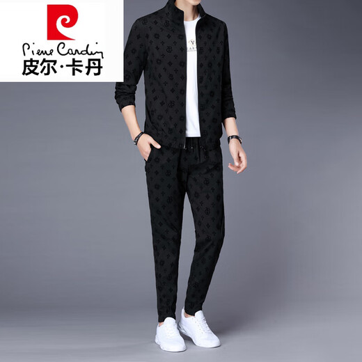 皮尔卡丹（pierre cardin）高档品牌运动套装男士夹克外套搭配秋季新款潮流帅气休闲黑色一套 6629黑色套装 L 【111-125斤】