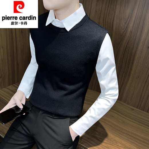 皮尔卡丹（pierre cardin）假两件毛衣男士秋季2025新款秋装上衣男装高级感针织衫外套 深灰色(常规款) XL