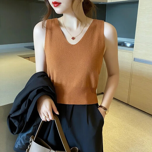 Yuyixiang V-Ausschnitt Ice Seidenschlinge Weste für Frauen 2025 Sommer im Freien schlank und vielseitig atmungsaktive Taille-Strick-Basishemd Khaki + Apricot L Empfohlen 116-130jin [Jin entspricht 0,5 kg]