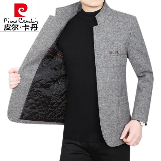 皮尔卡丹（pierre cardin）2024春秋新款中年男士高档羊毛呢夹克外套男立领休闲加厚中山装 浅咖色 180/XL(适合130-145斤)