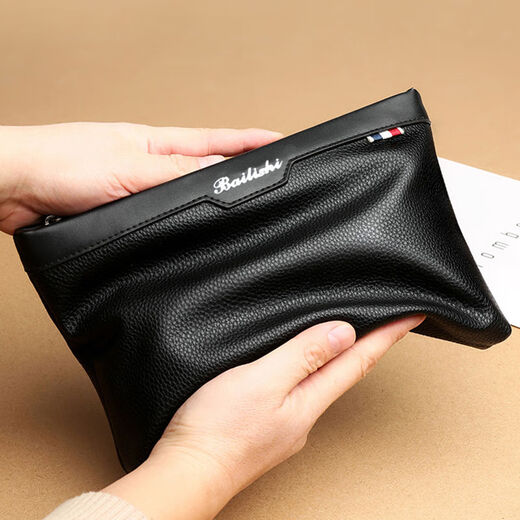 Pucalon's first layer cowhide soft cowhide leather new style men's handbag genuine leather large capacity clutch casual men's wallet hand grab bag 2688-Medium black top layer cowhide]