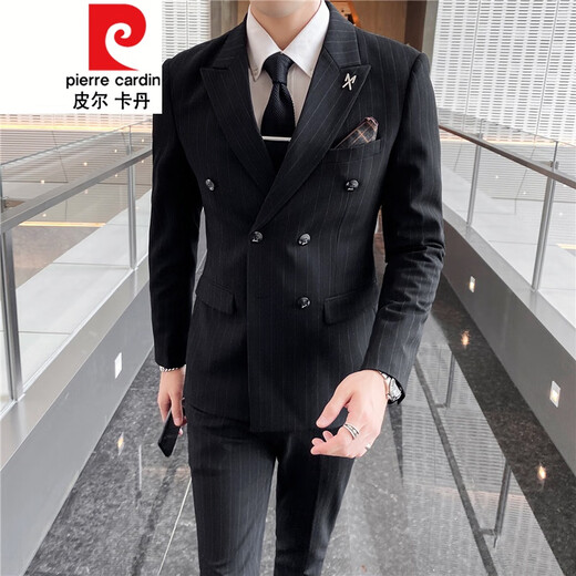 Pierre Cardin double breasted suit men's suit slim casual Korean style British style formal men's wedding plus size suit trend 9962 coffee color suit + trousers tie 3XL