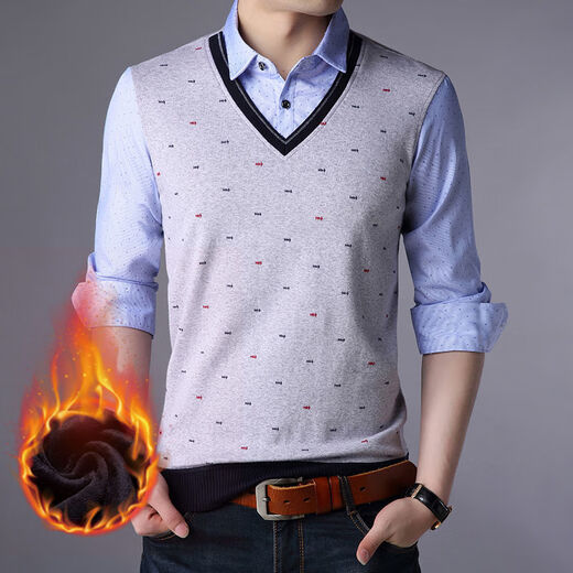 El nuevo suéter falso de dos piezas de ABEFAN para otoño e invierno para hombres y suéter de punto de mediana edad, más camisa de base tibia en terciopelo, 3879 azul más terciopelo, terciopelo integrado 175/xl recomendado 140-155Jin [Jin equivale a 0.5 kg]