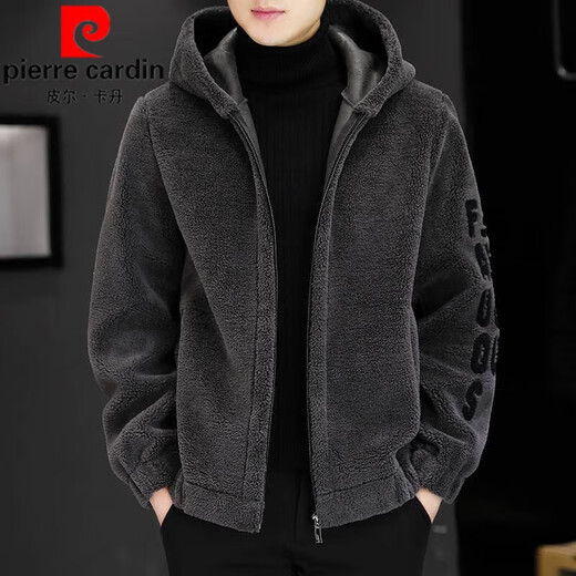 Pierre Cardin Men's Shearling Hooded Jacket Men's 2025 Winter New Polar Fleece Thickened Jacket Men's Jacket Gray 2XL 130-150Jin Jin equals 0.5 kg
