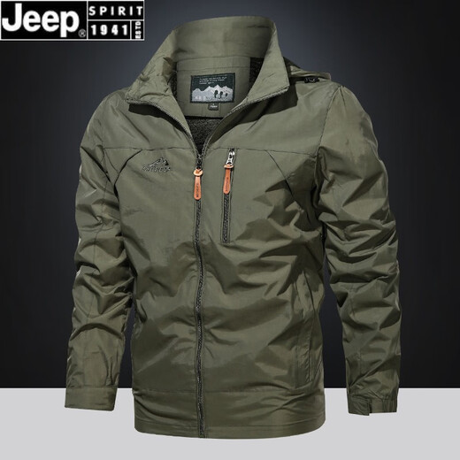 JEEP SPIRIT春秋季休闲运动外套男士大码百搭户外防水冲锋衣中青年连帽夹克薄 卡其9928 L